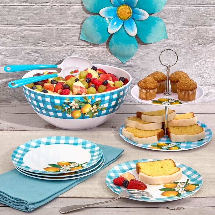 Citrus Chic Blue Plaid and Lemon Print Melamine Dessert Plates